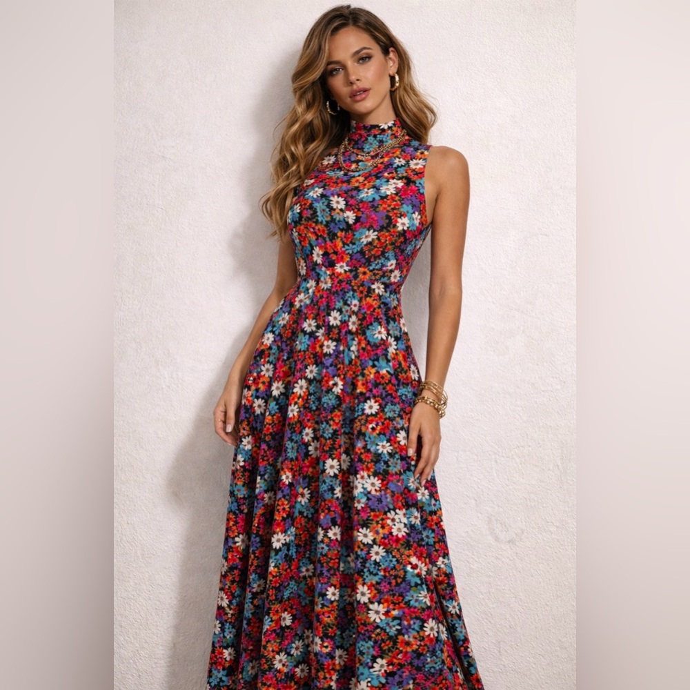 Vintage Floral Maxi Dress | Fortrel Polyester | Sleeveless Mock Neck
